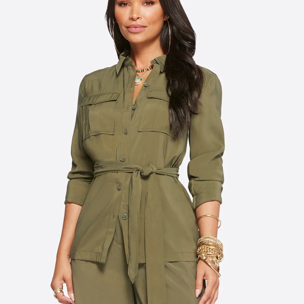 Jessica Simpson Jess's jacket in Olive Night size Large new blouse tie viscose